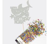 Cakeshop Cake Decoration Pack | Shark Birthday Party Theme Premium Double Sided Glitter Card Cake Topper & 25g Party Pack of Cake Sugar Sprinkles | Custom Name Cake Decorations (Light Silver)