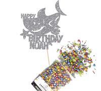 Cakeshop Cake Decoration Pack | Shark Birthday Party Theme Premium Double Sided Glitter Card Cake Topper & 25g Party Pack of Cake Sugar Sprinkles | Custom Name Cake Decorations (Dark Silver)