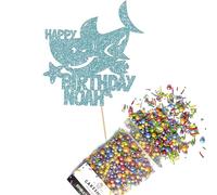 Cakeshop Cake Decoration Pack | Shark Birthday Party Theme Premium Double Sided Glitter Card Cake Topper & 25g Party Pack of Cake Sugar Sprinkles | Custom Name Cake Decorations (Baby Blue)