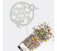 Cakeshop Cake Decoration Pack | Space Rocket Planet Premium Double Sided Glitter Card Cake Topper & 25g Party Pack of Cake Sugar Sprinkles | Custom Name & Age Cake Decorations (Light Silver)