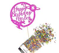 Cakeshop Cake Decoration Pack | Space Rocket Planet Premium Double Sided Glitter Card Cake Topper & 25g Party Pack of Cake Sugar Sprinkles | Custom Name & Age Cake Decorations (Bright Pink)