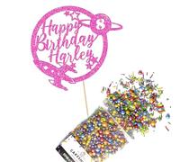Cakeshop Cake Decoration Pack | Space Rocket Planet Premium Double Sided Glitter Card Cake Topper & 25g Party Pack of Cake Sugar Sprinkles | Custom Name & Age Cake Decorations (Baby Pink)