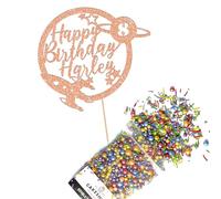 Cakeshop Cake Decoration Pack | Space Rocket Planet Premium Double Sided Glitter Card Cake Topper & 25g Party Pack of Cake Sugar Sprinkles | Custom Name & Age Cake Decorations (Rose Gold)