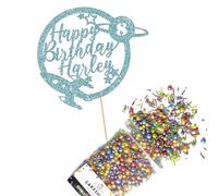 Cakeshop Cake Decoration Pack | Space Rocket Planet Premium Double Sided Glitter Card Cake Topper & 25g Party Pack of Cake Sugar Sprinkles | Custom Name & Age Cake Decorations (Baby Blue)