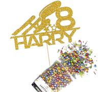 Cakeshop Cake Decoration Pack | Spaceship Rocket Premium Double Sided Glitter Card Cake Topper Sign & 25g Party Pack of Cake Sugar Sprinkles | Custom Name & Age Cake Decorations (Gold)