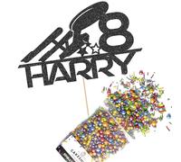 Cakeshop Cake Decoration Pack | Spaceship Rocket Premium Double Sided Glitter Card Cake Topper Sign & 25g Party Pack of Cake Sugar Sprinkles | Custom Name & Age Cake Decorations (Black)