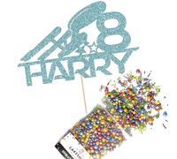 Cakeshop Cake Decoration Pack | Spaceship Rocket Premium Double Sided Glitter Card Cake Topper Sign & 25g Party Pack of Cake Sugar Sprinkles | Custom Name & Age Cake Decorations (Baby Blue)