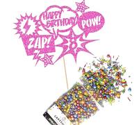 Cakeshop Cake Decoration Pack | Superhero Birthday Comic Theme Premium Double Sided Glitter Card Cake Topper & 25g Party Pack of Cake Sugar Sprinkles | Custom Age Cake Decoration (Baby Pink)