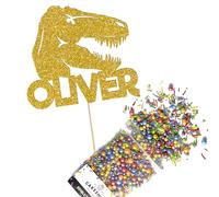 Cakeshop Cake Decoration Pack | T-Rex Dinosaur Birthday Premium Double Sided Glitter Card Cake Topper Sign & 25g Party Pack of Cake Sugar Sprinkles | Custom Name Cake Decorations (Gold)