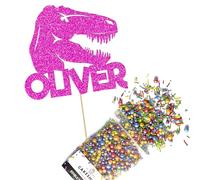 Cakeshop Cake Decoration Pack | T-Rex Dinosaur Birthday Premium Double Sided Glitter Card Cake Topper Sign & 25g Party Pack of Cake Sugar Sprinkles | Custom Name Cake Decorations (Bright Pink)