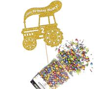 Cakeshop Cake Decoration Pack | Tractor Farm Theme Premium Double Sided Glitter Card Cake Topper Sign & 25g Party Pack of Cake Sugar Sprinkles | Custom Name & Age Cake Decoration (Gold)