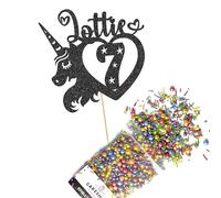 Cakeshop Cake Decoration Pack | Unicorn Heart Premium Double Sided Glitter Card Cake Topper Sign & 25g Party Pack of Cake Sugar Sprinkles | Custom Name & Age Cake Decorations (Black)