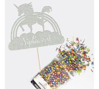 Cakeshop Cake Decoration Pack | Unicorn Rainbow Premium Double Sided Glitter Card Cake Topper Sign & 25g Party Pack of Cake Sugar Sprinkles | Custom Name & Age Cake Decorations (Light Silver)
