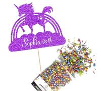 Cakeshop Cake Decoration Pack | Unicorn Rainbow Premium Double Sided Glitter Card Cake Topper Sign & 25g Party Pack of Cake Sugar Sprinkles | Custom Name & Age Cake Decorations (Purple)