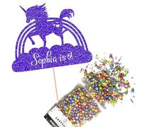 Cakeshop Cake Decoration Pack | Unicorn Rainbow Premium Double Sided Glitter Card Cake Topper Sign & 25g Party Pack of Cake Sugar Sprinkles | Custom Name & Age Cake Decorations (Bright Blue)