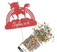 Cakeshop Cake Decoration Pack | Unicorn Rainbow Premium Double Sided Glitter Card Cake Topper Sign & 25g Party Pack of Cake Sugar Sprinkles | Custom Name & Age Cake Decorations (Red)