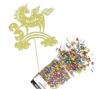 Cakeshop Cake Decoration Pack | Unicorn Rainbow Premium Double Sided Glitter Card Cake Topper Sign & 25g Party Pack of Cake Sugar Sprinkles | Custom Name & Age Cake Decorations (Champagne)
