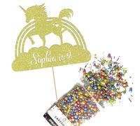 Cakeshop Cake Decoration Pack | Unicorn Rainbow Premium Double Sided Glitter Card Cake Topper Sign & 25g Party Pack of Cake Sugar Sprinkles | Custom Name & Age Cake Decorations (Champagne)