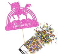 Cakeshop Cake Decoration Pack | Unicorn Rainbow Premium Double Sided Glitter Card Cake Topper Sign & 25g Party Pack of Cake Sugar Sprinkles | Custom Name & Age Cake Decorations (Baby Pink)