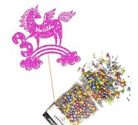 Cakeshop Cake Decoration Pack | Unicorn Rainbow Premium Double Sided Glitter Card Cake Topper Sign & 25g Party Pack of Cake Sugar Sprinkles | Custom Name & Age Cake Decorations (Bright Pink)
