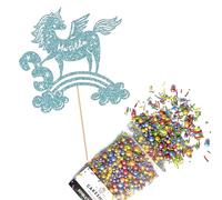 Cakeshop Cake Decoration Pack | Unicorn Rainbow Premium Double Sided Glitter Card Cake Topper Sign & 25g Party Pack of Cake Sugar Sprinkles | Custom Name & Age Cake Decorations (Baby Blue)