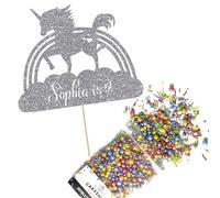 Cakeshop Cake Decoration Pack | Unicorn Rainbow Premium Double Sided Glitter Card Cake Topper Sign & 25g Party Pack of Cake Sugar Sprinkles | Custom Name & Age Cake Decorations (Dark Silver)