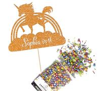 Cakeshop Cake Decoration Pack | Unicorn Rainbow Premium Double Sided Glitter Card Cake Topper Sign & 25g Party Pack of Cake Sugar Sprinkles | Custom Name & Age Cake Decorations (Orange)