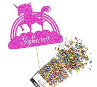 Cakeshop Cake Decoration Pack | Unicorn Rainbow Premium Double Sided Glitter Card Cake Topper Sign & 25g Party Pack of Cake Sugar Sprinkles | Custom Name & Age Cake Decorations (Bright Pink)