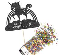 Cakeshop Cake Decoration Pack | Unicorn Rainbow Premium Double Sided Glitter Card Cake Topper Sign & 25g Party Pack of Cake Sugar Sprinkles | Custom Name & Age Cake Decorations (Black)