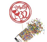Cakeshop Cake Decoration Pack | Wine Happy Birthday Premium Double Sided Glitter Card Cake Topper & 25g Party Pack of Cake Sugar Sprinkles | Custom Name & Age Cake Decorations (Red)