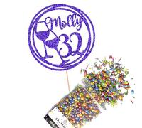 Cakeshop Cake Decoration Pack | Wine Happy Birthday Premium Double Sided Glitter Card Cake Topper & 25g Party Pack of Cake Sugar Sprinkles | Custom Name & Age Cake Decorations (Bright Blue)