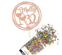 Cakeshop Cake Decoration Pack | Wine Happy Birthday Premium Double Sided Glitter Card Cake Topper & 25g Party Pack of Cake Sugar Sprinkles | Custom Name & Age Cake Decorations (Rose Gold)