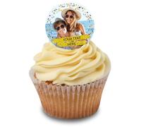 Cakeshop Cupcake Personalised Edible Cake Toppers With Confetti Border & Gold Text Banners | Personalise With Your Custom Image & Text | For Birthdays & Celebrations | Icing or Wafer Paper Options