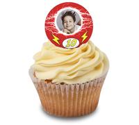 Cakeshop Cupcake Personalised Edible Cake Toppers With Red Background & Lightning Ball | Personalise Custom Image & Age | For Birthdays & Celebrations | Icing & Wafer Paper Options
