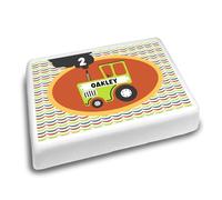 Cakeshop Landscape Personalised Edible Cake Topper Colourful Orange Retro Farm Tractor | Custom Age & Name | For Birthdays & Celebrations | Multiple Shapes & Sizes | Icing & Wafer Paper Options