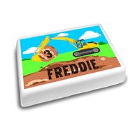 Cakeshop Landscape Personalised Edible Cake Topper Construction Site Digger Theme | Custom Text & Age | For Birthdays & Celebrations | Multiple Shapes & Sizes | Icing & Wafer Paper Options