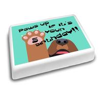 Cakeshop Landscape Personalised Edible Cake Topper With Blue & Brown Dog Paw & Text | Personalise Custom Age | For Birthdays & Celebrations | Multiple Shapes & Sizes | Icing & Wafer Paper Options