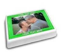 Cakeshop Landscape Personalised Edible Cake Topper With Green Border & Text | Custom Image & Text | For Birthdays & Celebrations | Multiple Shapes & Sizes | Icing & Wafer Paper Options