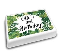 Cakeshop Landscape Personalised Edible Cake Topper With Jungle Leaves Border | Personalise Custom Name & Age | For Birthdays & Celebrations | Multiple Shapes & Sizes | Icing & Wafer Paper Options