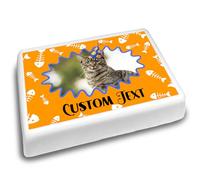 Cakeshop Landscape Personalised Edible Cake Topper With Orange & Blue Party Hat & Fish Bones | Custom Image & Text | Birthdays & Celebrations | Multiple Shapes & Sizes | Icing & Wafer Paper Options