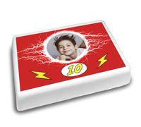 Cakeshop Landscape Personalised Edible Cake Topper With Red Background & Lightning Ball | Custom Image & Age | For Birthdays & Celebrations | Multiple Shapes & Sizes | Icing & Wafer Paper Options