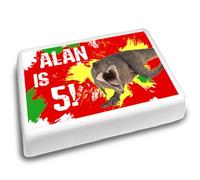 Cakeshop Landscape Personalised Edible Cake Topper With Red Background & T-Rex | Personalise Custom Name & Age | For Birthdays & Celebrations | Multiple Shapes & Sizes | Icing & Wafer Paper Options
