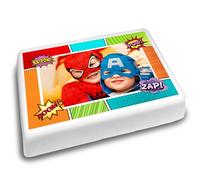 Cakeshop Landscape Personalised Edible Cake Topper With Superhero Comic Strip Border | Personalise Custom Image | For Birthdays & Celebrations | Multiple Shapes & Sizes | Icing & Wafer Paper Options