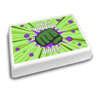 Cakeshop Landscape Personalised Edible Cake Topper With Superhero Explosion & Green Fist | Personalise Custom Name | Birthdays & Celebrations | Multiple Shapes & Sizes | Icing & Wafer Paper Options
