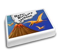 Cakeshop Landscape Personalised Edible Cake Topper With Volcano & Dinosaurs | Personalise Custom Name | For Birthdays & Celebrations | Multiple Shapes & Sizes | Icing & Wafer Paper Options