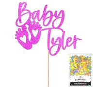 Cakeshop Personalised Baby Glitter Cake Topper With Sprinkles - Pink Custom Colour - Any Name - Double-Sided Glitter Card Cake Decoration - Custom Toppers for Cakes
