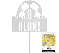 Cakeshop Personalised Football Glitter Cake Topper With Sprinkles - Light Silver Custom Colour - Any Name & Age - Double-Sided Glitter Card Cake Topper - Custom Toppers for Cakes