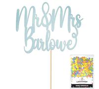 Cakeshop Personalised Mr & Mrs Wedding Glitter Cake Topper With Sprinkles - Light Blue Custom Colour - Any Name - Double-Sided Glitter Card Cake Decoration - Custom Toppers for Cakes
