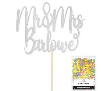 Cakeshop Personalised Mr & Mrs Wedding Glitter Cake Topper With Sprinkles - Light Silver Custom Colour - Any Name - Double-Sided Glitter Card Cake Decoration - Custom Toppers for Cakes
