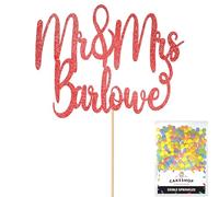 Cakeshop Personalised Mr & Mrs Wedding Glitter Cake Topper With Sprinkles - Red Custom Colour - Any Name - Double-Sided Glitter Card Cake Decoration - Custom Toppers for Cakes